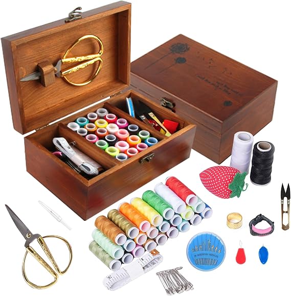 Wooden Sewing Box with Sewing Kit Accessories Organize Box with Needle Thimble Pin Cushion Button for Travel, Camping, Home DIY