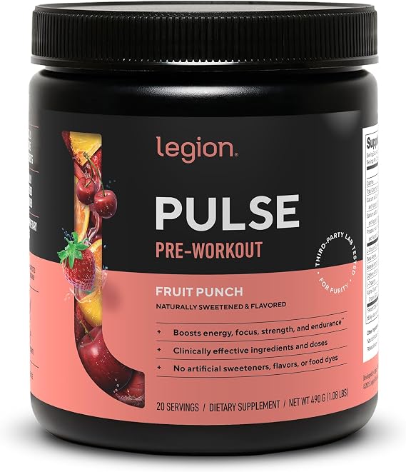 LEGION Pulse Pre Workout Supplement - All Natural Nitric Oxide Preworkout Drink to Boost Energy, Creatine Free, Naturally Sweetened, Beta Alanine, Citrulline, Alpha GPC (Fruit Punch)