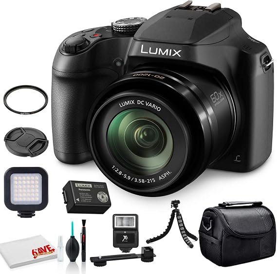 Panasonic Lumix DC-FZ80D / DC-FZ85D Digital Camera (DC-FZ80D / DC-FZ85DK) - Bundle - with LED Video Light + Digital Flash + Soft Bag + 12 Inch Flexible Tripod + Cleaning Set + 55mm UV Filter