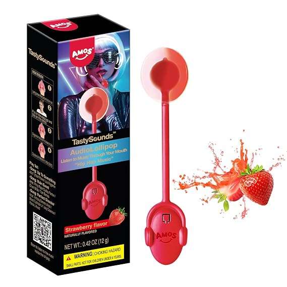 Amos Music Lollipop Candy, Audio Singing Lollipop, Halloween Candy Gift, Individually Wrapped Natural Strawberry Flavor (1 Pack)