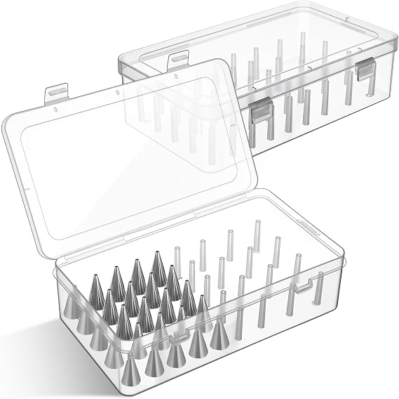 2 Pcs Piping Tip Box with Fixed Pins 84 Piping Tip Organizer Baking Cake Decoration Tool Storage Box (Clear)