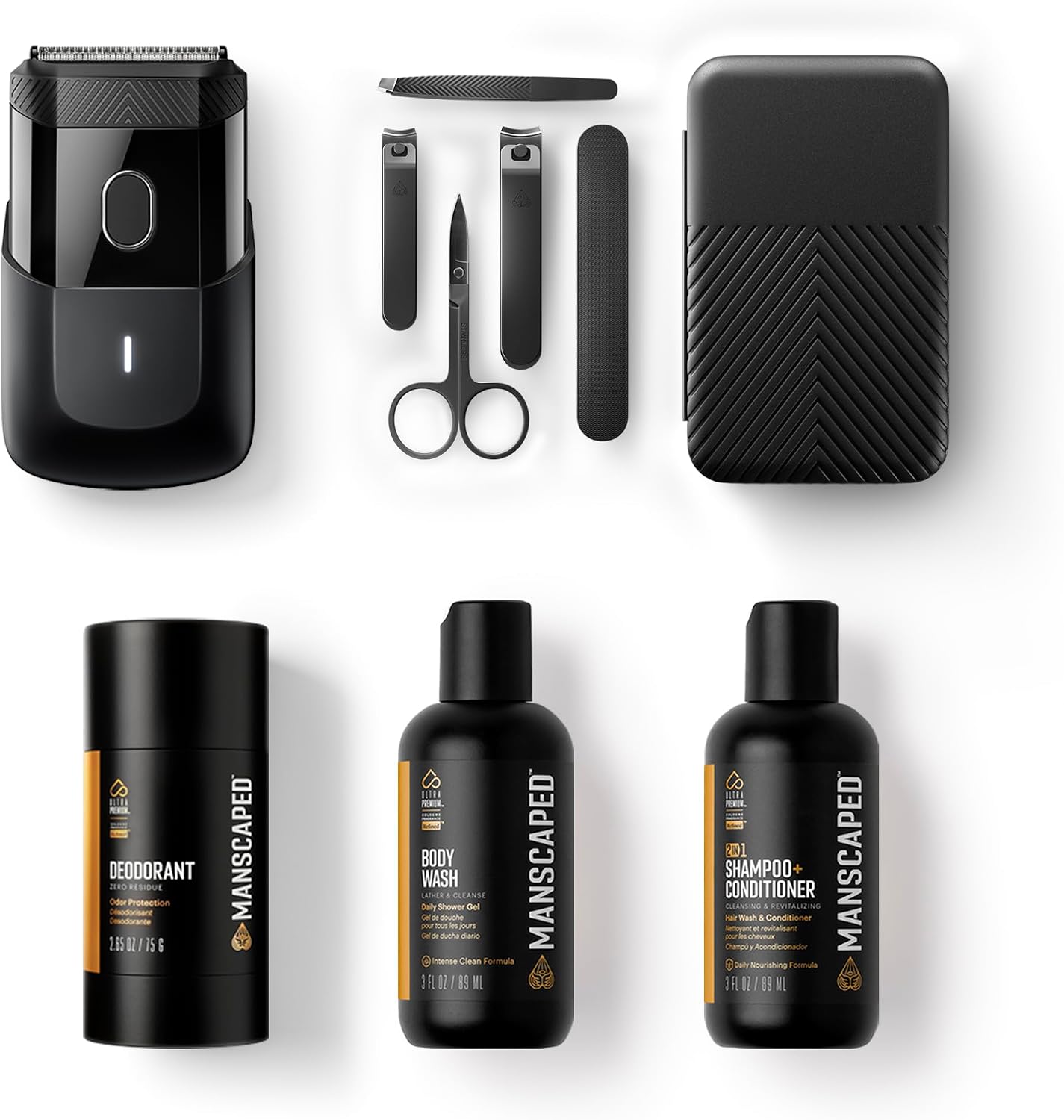 MANSCAPED® The Handyman™ Travel Essentials Includes Compact Face Shaver, Shears 3.0 5-Piece Nail Kit, Underarm Aluminum-Free Deodorant, 3oz Refined® Body Wash, 3oz 2-in-1 Shampoo & Conditioner