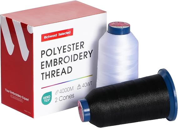 Poolin White and Black Embroidery Thread, Huge Spool Richword Selected 2 Rolls 4000M(4374Y) 40WT Polyester Thread for All Embroidery Machines(White+Black)