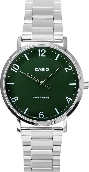 Casio MTP-VT03D-3B Men's Minimalistic Stainless Steel Green Dial Concave-Shaped Dial 3-Hand Analog Watch