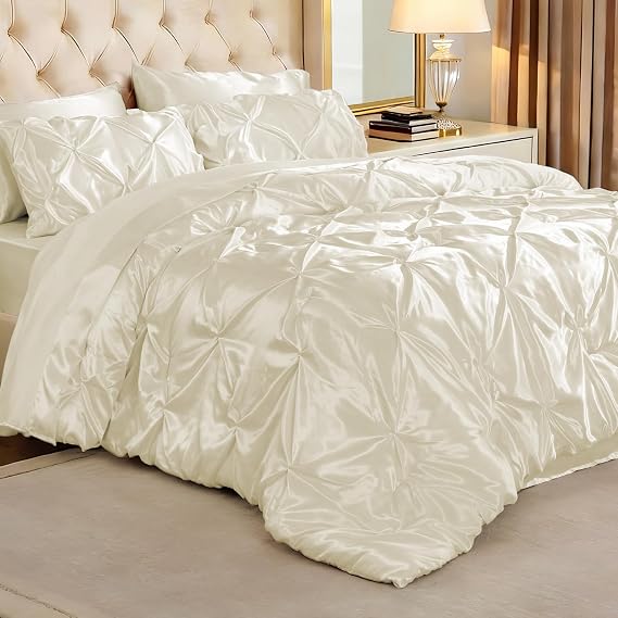BEDELITE Satin Comforter Set Queen, 7 PCS Pintuck Bed in A Bag, Ivory White