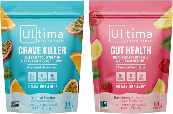 Ultima Replenisher Electrolyte Powder Drink Mix Bundle Sugar Free Crave Killer and Gut Health, 14 Stickpacks 6 Electrolytes and Minerals Keto Friendly, Vegan, Non-GMO