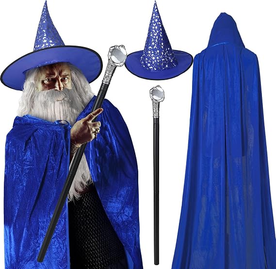Hicarer 4 Pcs Halloween Wizard Costume Set for Adult | Wizard Hat, Velvet Robe, White Wig Beard, Claw Wand, Halloween Cosplay, Stage Party Outfit, Fantasy Dress up Accessories