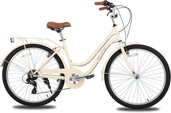 HILAND 26 in Women's Hybrid Bike for Adult, 7 Speed Step Through Hi-Ten Steel Frame City Commuter Beach Cruiser Bike, Hybrid Bicycle, Multicolor