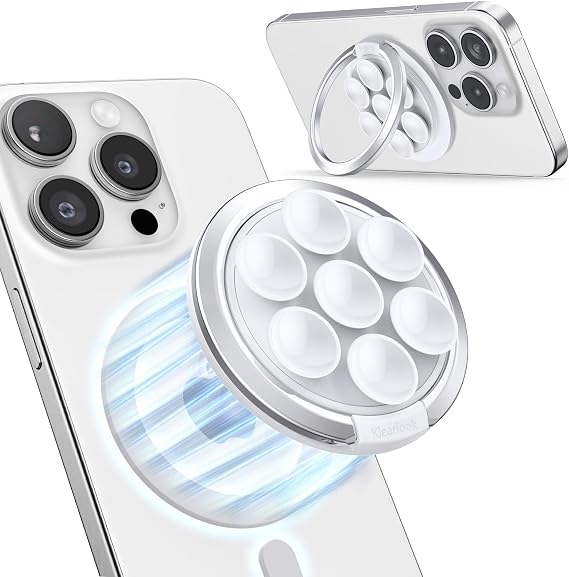 Klearlook Magnetic Suction Phone Mount Built-in Mirror for MagSafe Case, Phone Suction Grip for Gym/Bathroom/Kitchen, Hands-Free for Makeup FaceTime Shower Relaxation with MagSafe Accessories, White