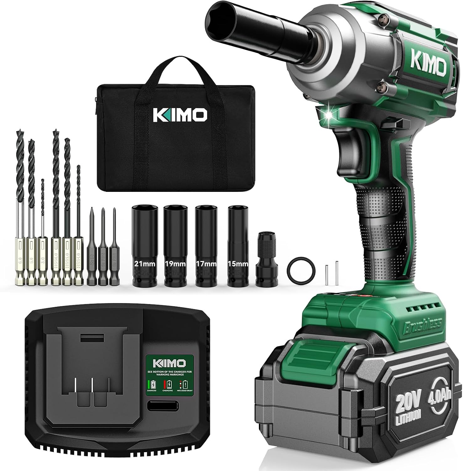 KIMO QM-3603 Electric Impact Wrench, Cordless, 20V, 3,000mAh Battery, Variable Speed, Auto Stop Mode, ForwardReverse Switch, Max Torque 295.0 lbft 400N·m, Brushless Motor, 7 Sockets, LED Light,