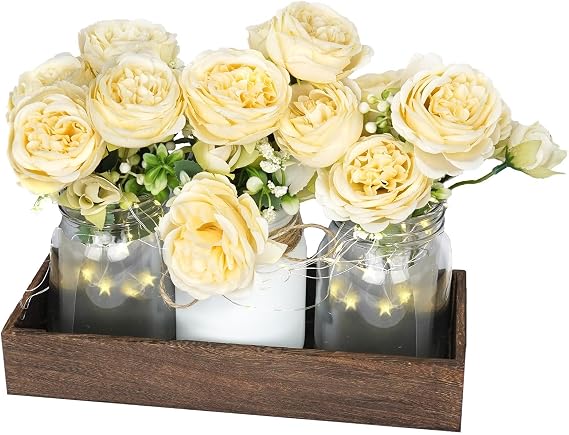 Champagne Wedding Centerpieces for Tables Floral Mason Jars Decorations – Rustic Table Centerpiece Decorations with Lights & Tray, Dining Room, Party or Reception Home Decor Kitchen Counter