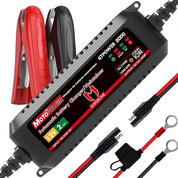 MOTOPOWER MP00207A 12V 2Amp Automatic Battery Charger Maintainer | For Lead-Acid & Lithium Batteries