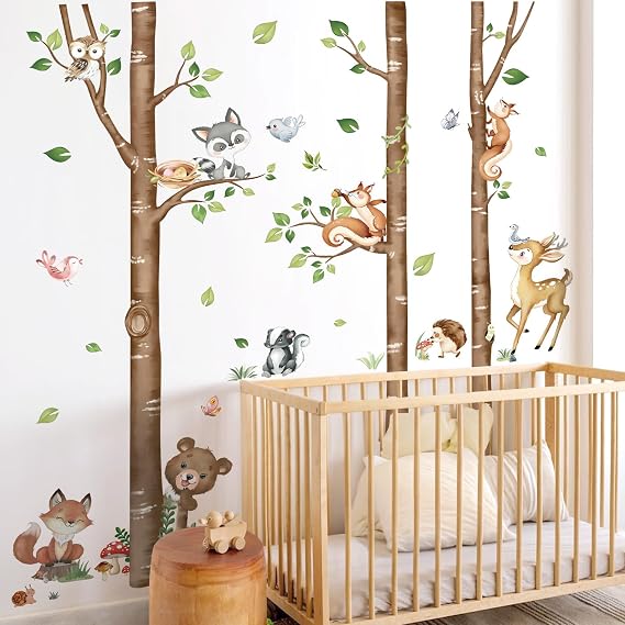 decalmile Birch Tree Forest Animals Bear Rabbit Wall Decals Stickers (XL)