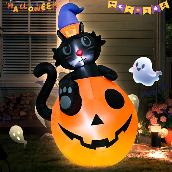 4FT Halloween Black Cat Pumpkin Inflatable Decoration with LED Lights