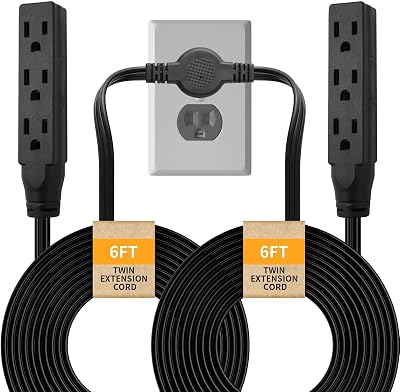 Twin Extension Cord, 12 Ft Flat Wall Plug, 6 Feet on Each Side, 3 Prong Power Strip with 6 Outlets, Double Extension Cord Splitter for Behind Bed, Couch, Nightstand, Furniture, Black