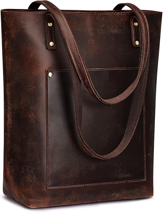 S-ZONE Leather Tote Bag for Women Work Handbag with Luggage Sleeve | Top Grain Genuine Leather, Padded Laptop Compartment, Multi Pockets, Large Retro Purse, Travel Everyday