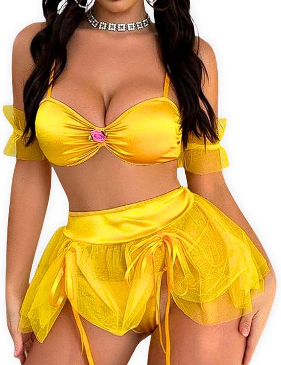Yellow Off-Shoulder Lingerie Set for Women Rose Detail Bra with Sheer Wrap Skirt, Romantic Cosplay