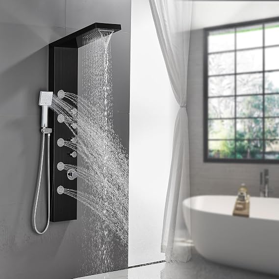 ROVATE Rainfall Waterfall Shower Tower Panel System, 304 Stainless Steel Bathroom Shower Tower with 5 Rain Body Massage Jets and 3 Sets Handheld Shower, Shower Cloumn Wall Mounted Black