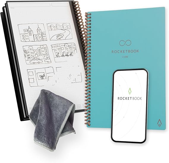 Rocketbook Core Reusable Spiral Notebook, Executive Size 15 cm x 22.4 cm, Teal - Dotted Pages, App-Connected, Erasable, Durable Cover, Ideal for School, Work, and Creative Projects