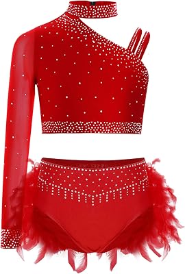 JanJean Kids Girls 2 Pcs Dance Performance Outfits Sparkly Rhinestones One Shoulder Crop Top with Feather Briefs Set