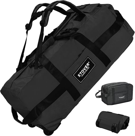STOVER 100L Rolling Duffel Bag with Wheels, X-Large Durable Travel Duffle + Toiletry Bag, Heavy Duty, Packable with Shoulder Straps- Use as Luggage or Backpack, Men/Women (Black)