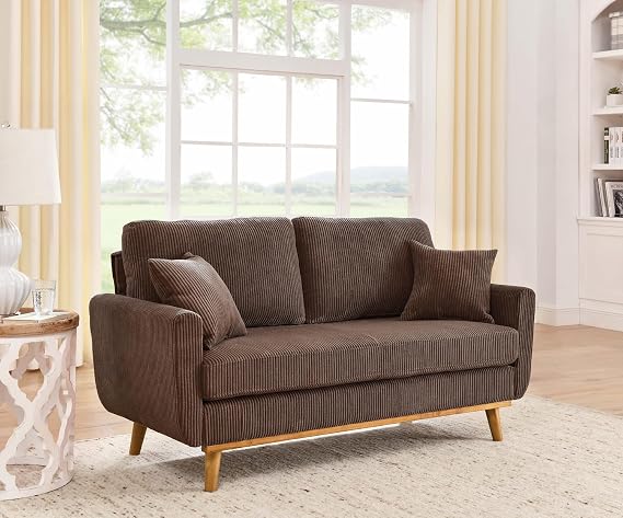 65" Loveseat Sofa Brown Corduroy Couch, Modern 2 Seater Couch, 22.5" Deep Seat Small Couches for Living Room Bedroom Office (Brown)