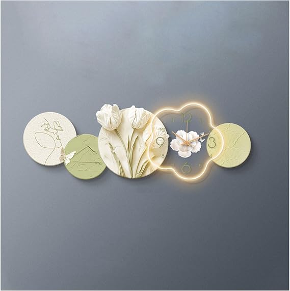 Clock for Wall Art Large Wall Clock Decorative Wall Lamps for Living Room, 3D Modern Flower Wall Lamp Sandstone Painting Mute Clock Fashion Creative Decorative Wall Clock Art Wall Clocks(Green,50*150c