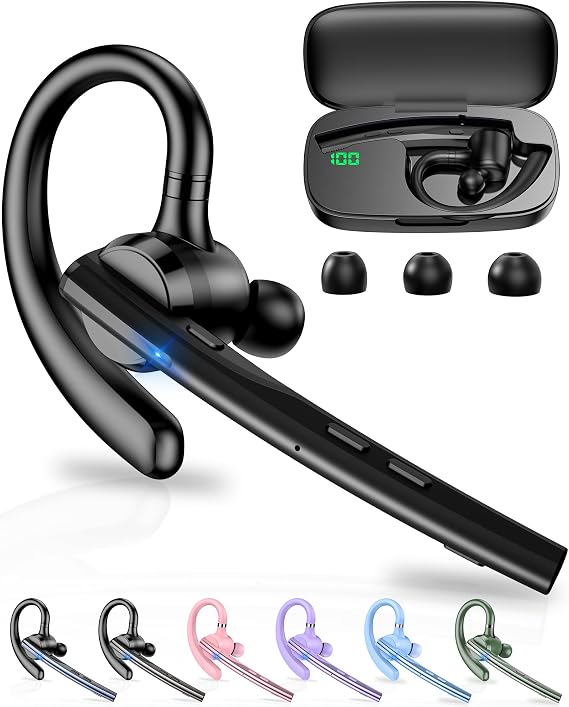 New Bee Bluetooth Headset V5.3 Bluetooth Handsfree Earpiece Dual Mic with 500mAh Charging Case 72Hrs Play Time Hands Free Phone Earpiece Wireless Headset for Driving/Business with Android iOS, Black