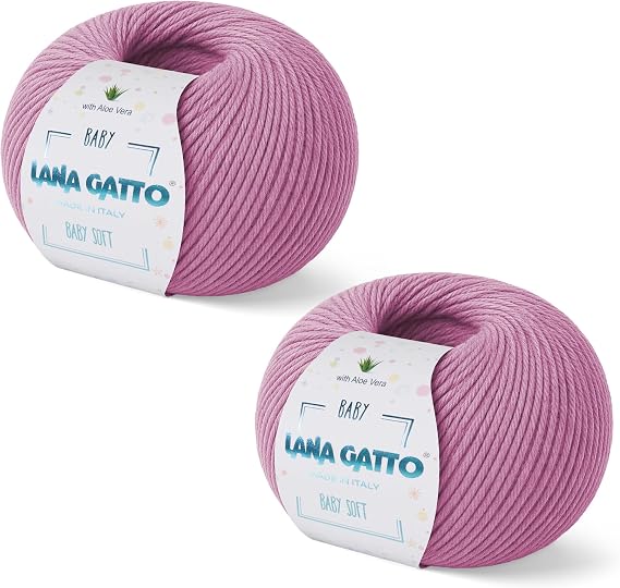 Wool for Knitting or Crocheting 100% Merino Wool Extrafine by Lana Gatto. Baby Soft Line Children Newborns Natural with Aloe Vera (2 Rose - 9409)