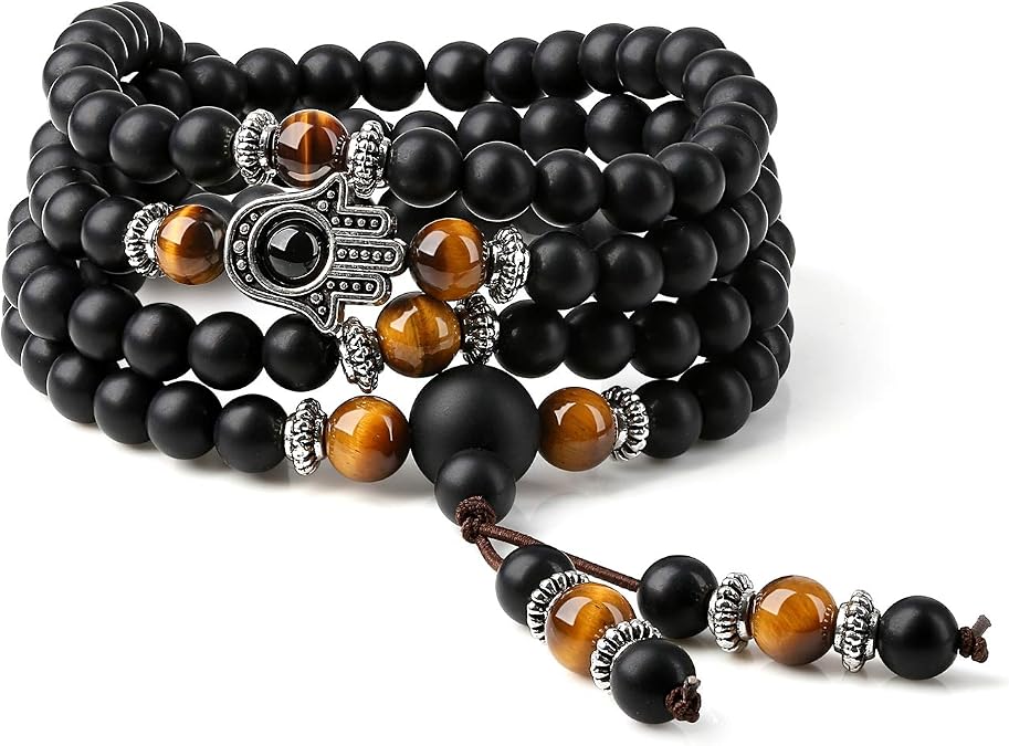 COAI 108 Mala Beads Hamsa Hand Bracelet, Wrap Bracelet Beaded Necklace for Men Women