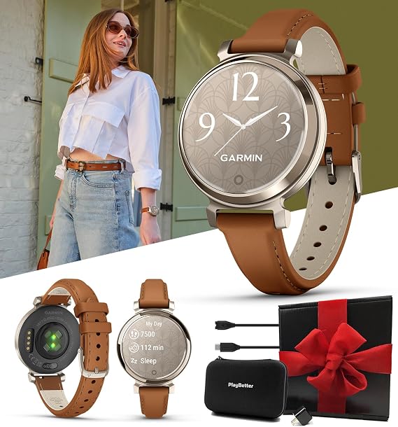 Garmin Lily 2 Classic (Gold/Tan Leather) Women's Fitness Watch Gift Box | Small & Stylish Smartwatch, Hidden Display, 5 Days Battery | Bundle Includes PlayBetter Wall Adapter & Hard Case