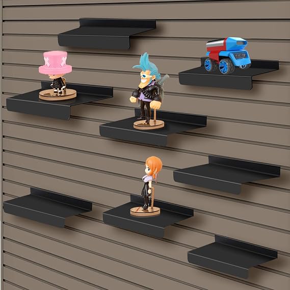 SNOGSWOG 10X4.3 Inch Slatwall Shelves Set of 8, Metal Slat Wall Shelves Accessories, Black Flat Display Shelves for Slat, Metal Retail Display for Storage and Organization