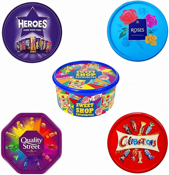 5 x Chocolate Tubs ASSORTED PACK 1 EACH Of Celebrations, Roses, Heroes and Quality Street, Swizels Sweet Shop Favourites Sharing Tub Perfect For Christmas