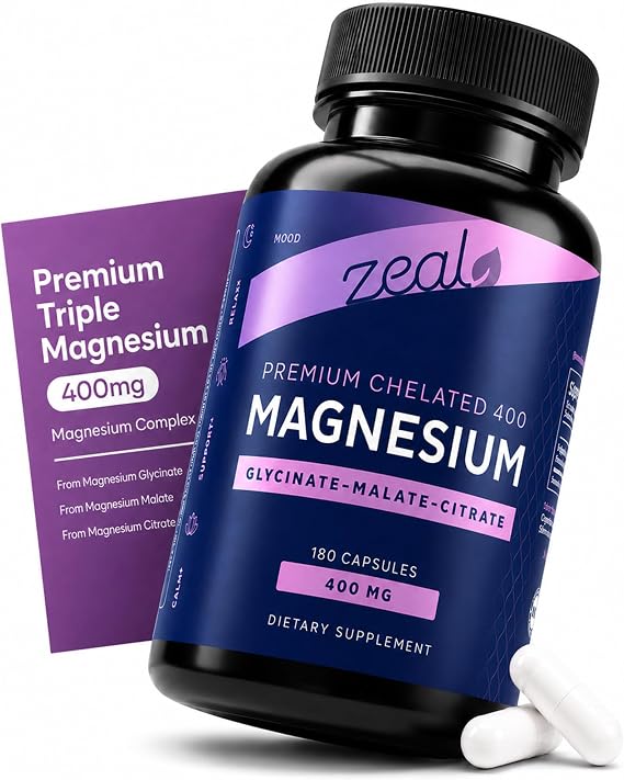 Zeal Naturals Triple Magnesium Complex Supplement - Glycinate, Malate, Citrate | 400mg, 180 Capsules | High Absorption Chelated Magnesium for Sleep, Mood, Muscle Recovery, Relaxation