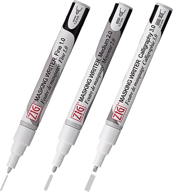 Kuretake ZIG MASKING WRITER, 3 variety set, fluid pen marker, Fine 1mm, Medium 2mm, Calligraphy with corners 3mm, drawing, watercolor paint, Made in Japan