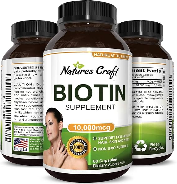 Natures Craft Pure + All Natural Hair Growth Pills 10000mcg Biotin Supplement Get Shiny Thick Hair, Clear Skin, Strong Nails Vitamin Capsules for Women + Men Hair Loss + Thinning