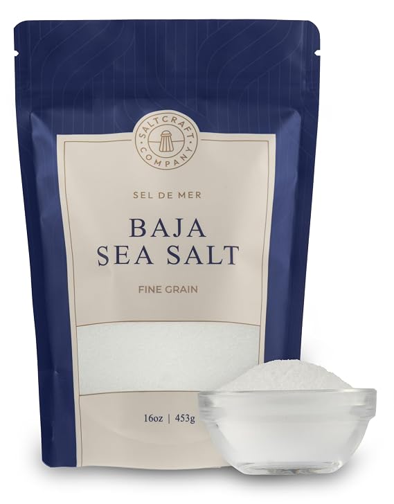 SALTCRAFT Baja Sea Salt Fine Grain, Kosher Certified, 30% Lower Sodium, Unrefined Mineral Salt 16 oz Bag