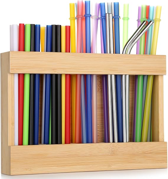 Rigibright Bamboo Wooden Straw Holder Dispenser for Counter with 8Pcs Double Sided Adhesive Tape, Straw Organizer for Cupboard Reusable Straws Storage Container for Kitchen