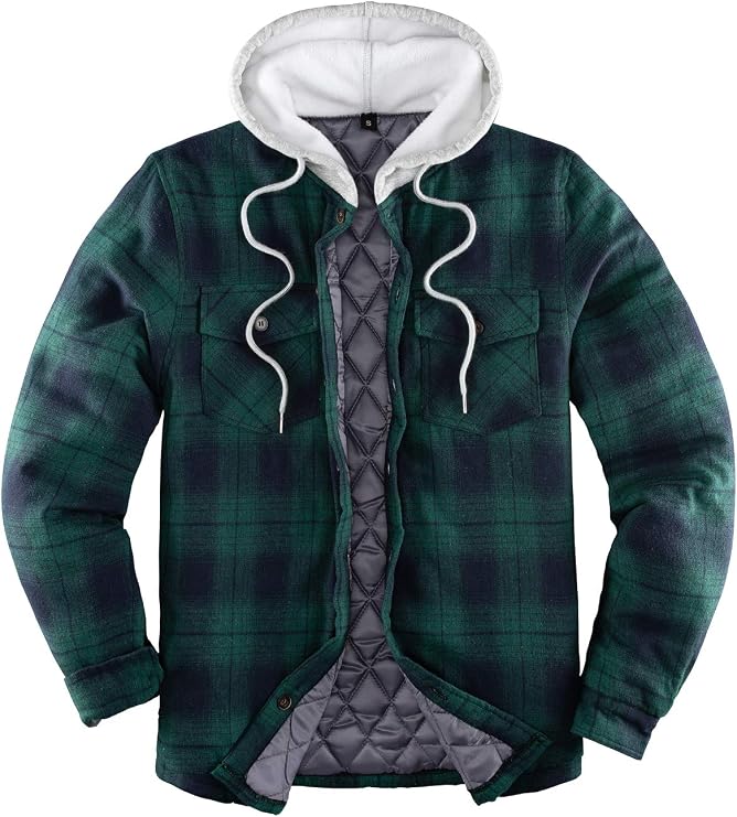 ZENTHACE Men's Quilted Lined Button Down Plaid Flannel Shirt Jacket with Hood