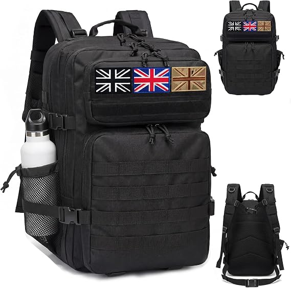 45L Military Tactical Backpack Waterproof Army Rucksack | Large Motorcycle Backpack Work Bag with Bottle Holder & 3 Flag Patches for Hiking Gym Travel Sport Camping Treeking, Black