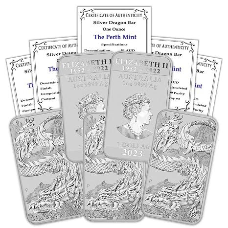 2023 P Lot of (5) 1 oz Australian Silver Dragon Rectangular Bar Coins Brilliant Uncirculated with Certificates of Authenticity $1 Seller BU