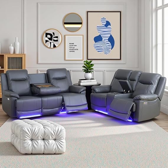 Air Leather Power Recliner Sofa Set with LED, Reclining Living Room Furniture Sets, Power Recliner Couch Set with USB Ports for House/Home Theater (Dark Grey, Sofa+Loveseat)