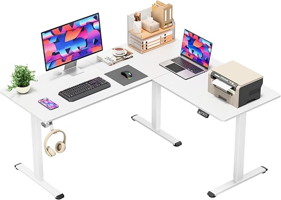 Furmax 63 x 55 Inch L Shaped Standing Desk with 2 Preset Heights, Electric Height Adjustable Computer Table, 2 Hooks & Feet Balance, Corner Sit Stand Desk for Home Office (White, 63 x 55 Inch)