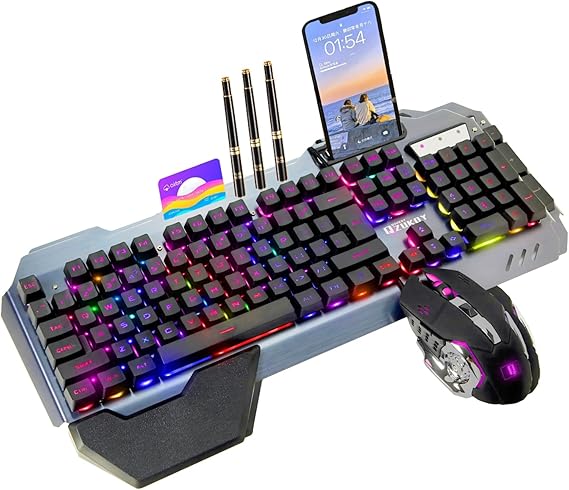 RGB Backlit Gaming Keyboard and Mouse Set 16 Lighting Modes, 2400DPI 4-Button Optical Mouse, Mouse Pad & Phone Holder Ergonomic Wrist Support Black