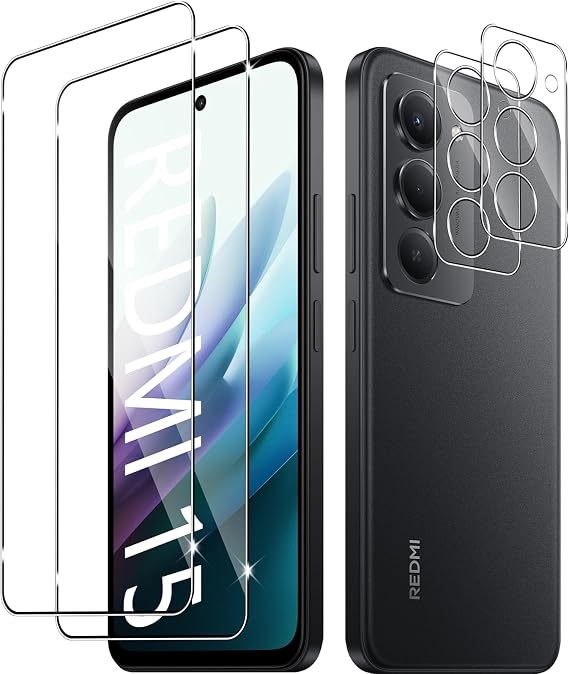 Screen Protector for Xiaomi Redmi 15 4G/5G, 2 Pack of Tempered Glass with 2 Camera Protection, 9H Hardness Protective Glass Mobile Phone Film HD Clear