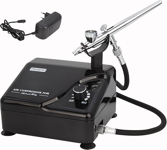 Fengda Professional Airbrush Kit FD-207K with Portable Mini Compressor, 0.2mm Nozzle, Adjustable Pressure, Oil-Free, Low Noise for Tattoo, Model, Cake Decorating & Other General Airbrush Applications