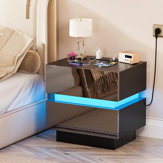 Bedside Table with Charging Station 2AC + 2USB,45*35*47cm,Wooden RGB LED Bedside Cabinet Nightstand with 3 High Glossy Drawers and Open Top for Bedroom Living Room (JPDC0055B, Set of 1)
