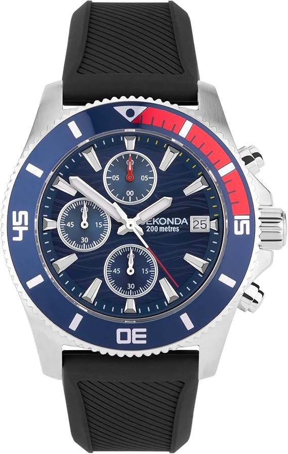 Sekonda Pacific Wave Men's 42mm Chronograph Watch with Analog Date Display and Stainless Steel Strap, blue, Strap