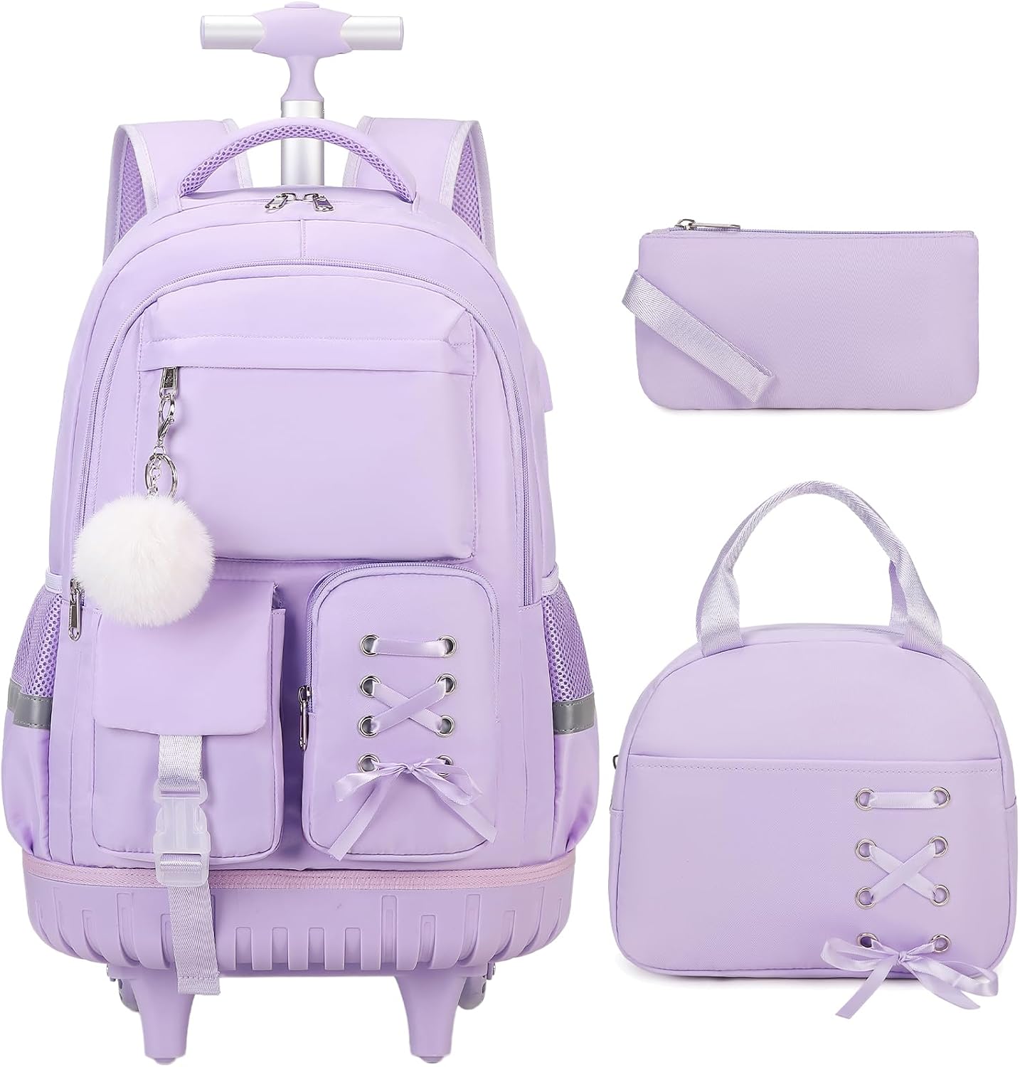 Rolling Backpack for Girls, Girls Backpack Set with Lunch Box & Pencil Pouch for Teen Girl Kids Children Elementary Middle School, Bookbag Daypack Laptop Travel Backpack with Wheels Purple
