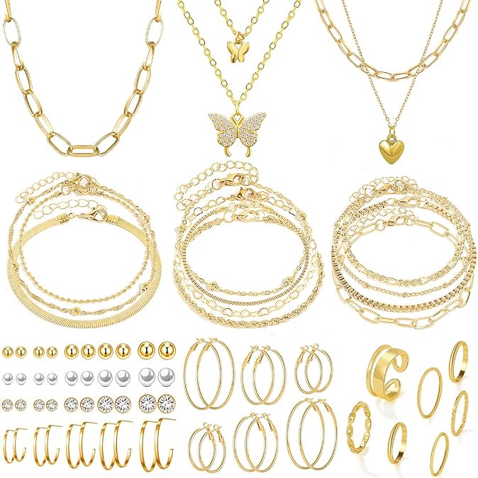 47pcs Gold Jewelry Set With 3 PCS Necklace, 11 PCS Bracelet,20pcs Hoop Stud Earrings,7pcs rings set For Women For Birthday Gifts